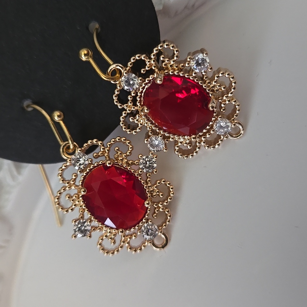 Petite French Hook Victorian Earrings In Red, NWT - Picture 3 of 6
